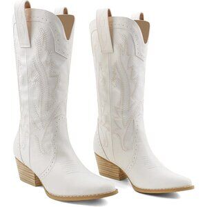 Women Synthetic White Boots Mid-calf Pointy Toe Chunky Heels Embroidered Boot